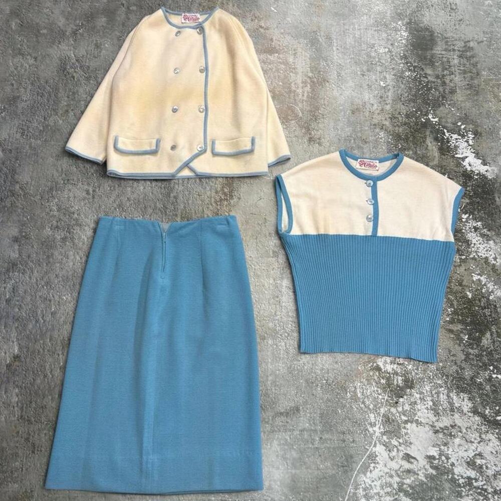 Vintage 60s 70s 3 Piece Set! COLTALIA IMPORTS Shirt Cardigan Skirt Set. Italy